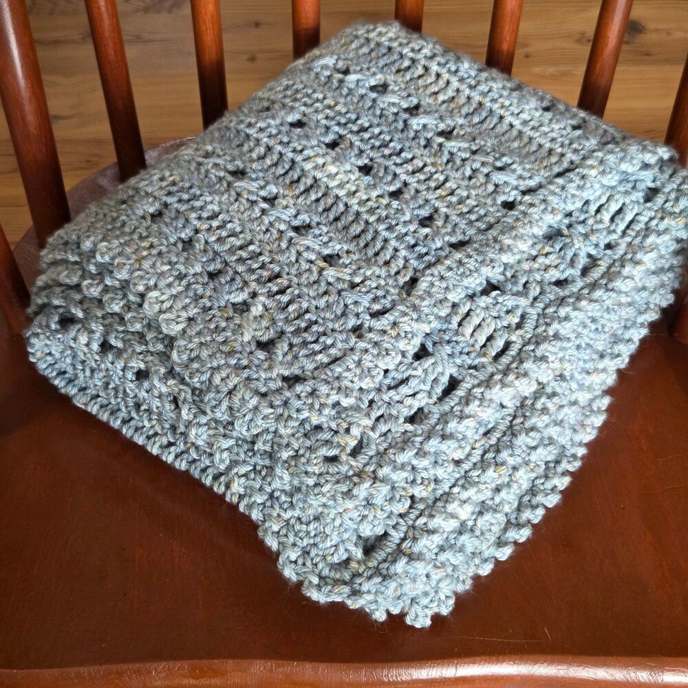 Hand Crochet Blanket Throw Robins Egg Lacy Open Knit Cottagecore Afghan 36"x56"